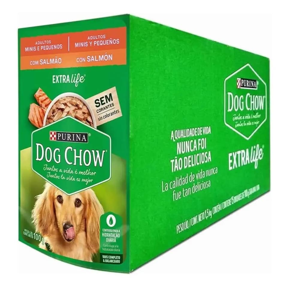 Sachê Dog Chow para Cachorro Adulto Porte Mini e Pequeno Salmão 100g Kit 15 Unidades Ração Úmida Cães