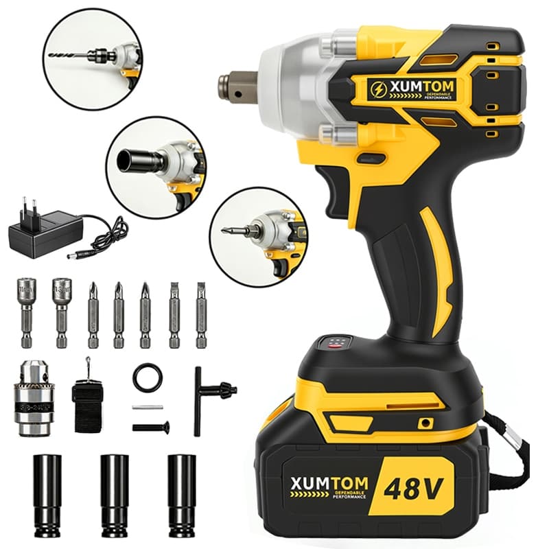Chave de Impacto Elétrica 450N.m Parafusadeira e Furadeira Brushless Com 48V Bateria Kit Completo Acessorios