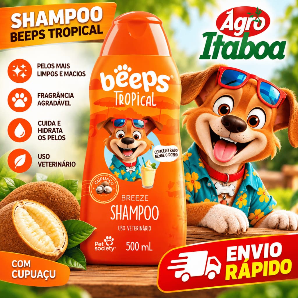 Shampoo Beeps Tropical Breeze 500ml Shampoo para Cães e Gatos Pet Society
