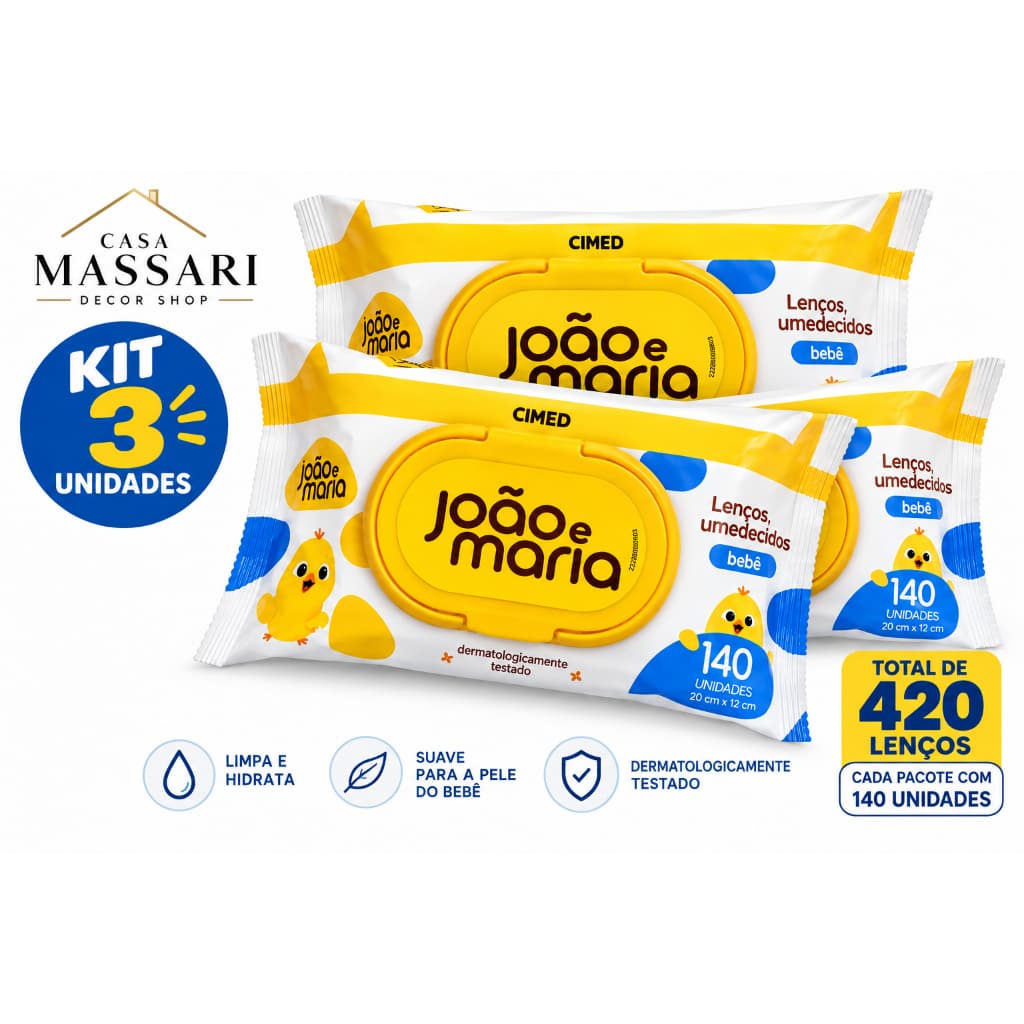 Kit 3 Lenços Umedecidos João E Maria Bebê 420 Unidades Total Com Tampa Flip Top 140 Lenços Cada Cimed