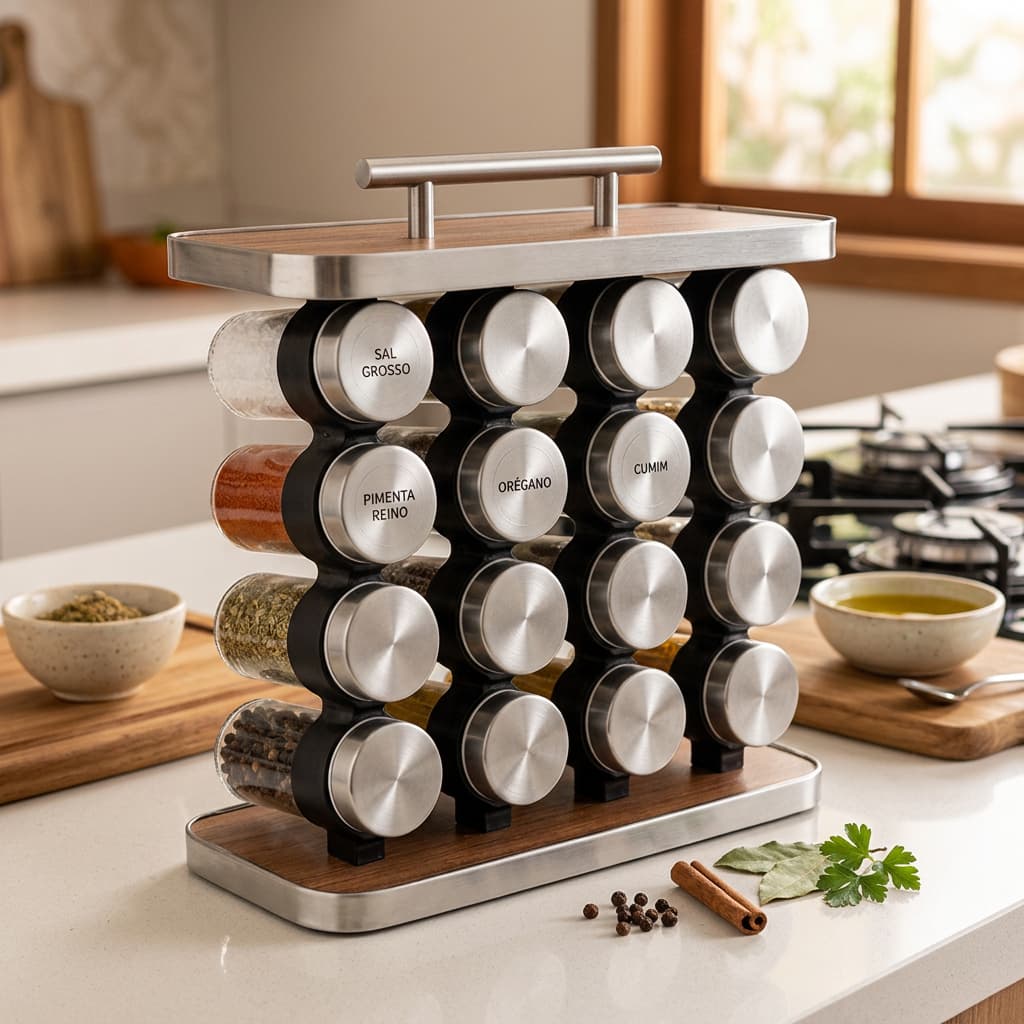 onjunto 16 Potes Condimentos Temperos Vidro 80ml Inox Porta Tempero Cozinha Organizador