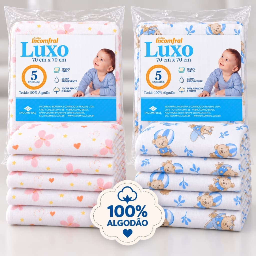 Pacote com 5 Fraldas de Pano de Luxo Estampada para Bebês e Recém-Nascidos 70x70cm 100% Algodão Duplo