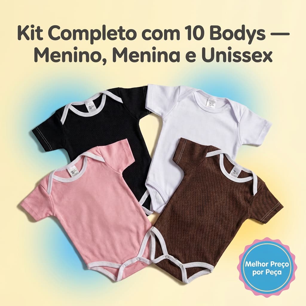 Kit 10 Bodies Bebê Manga Curta 100% Algodão - Enxoval Completo Menino Menina Unissex