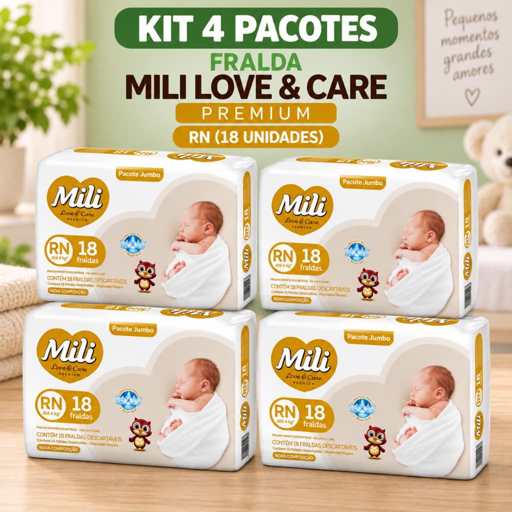 Kit 4 Fraldas Descartavel Bebê Recém Nascido Mili Love & Care Premium RN Total de 72 Fraldas