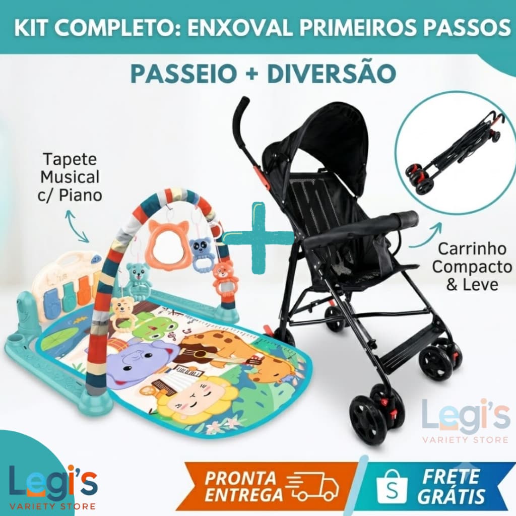 Kit Carrinho de Bebê Guarda-Chuva Dobrável com Tapete de Atividades Infantil – Passeio e Diversão