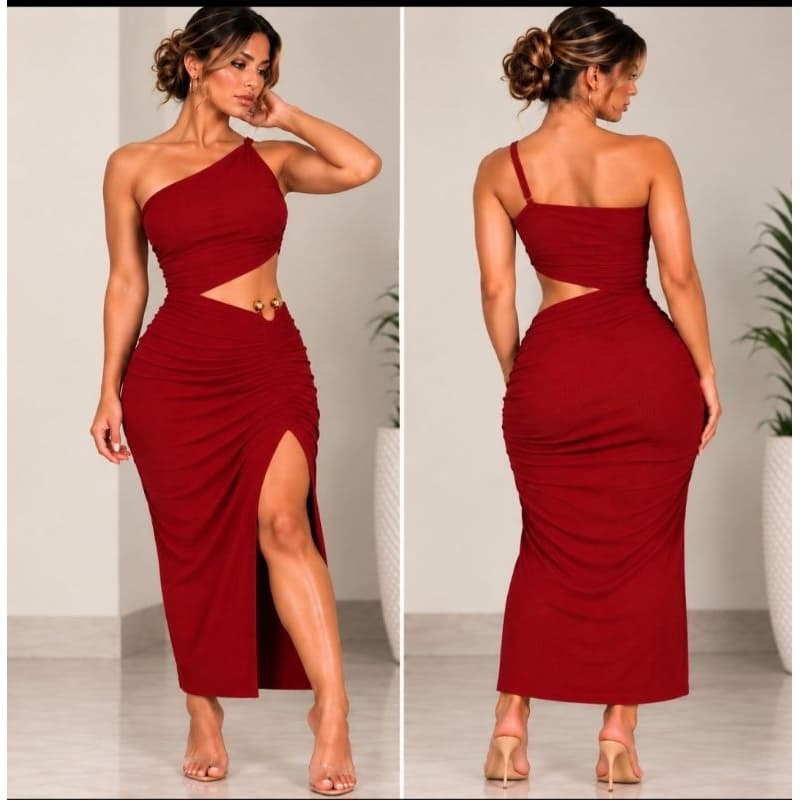 Vestido Feminino Longo Anarruga Assimétrico com Fivela Dourada Fenda Lateral