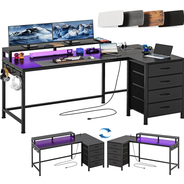 Mesa de Computador Esquinero Gamer com Suporte de Monitor, Luz LED RGB, Estação de Carga