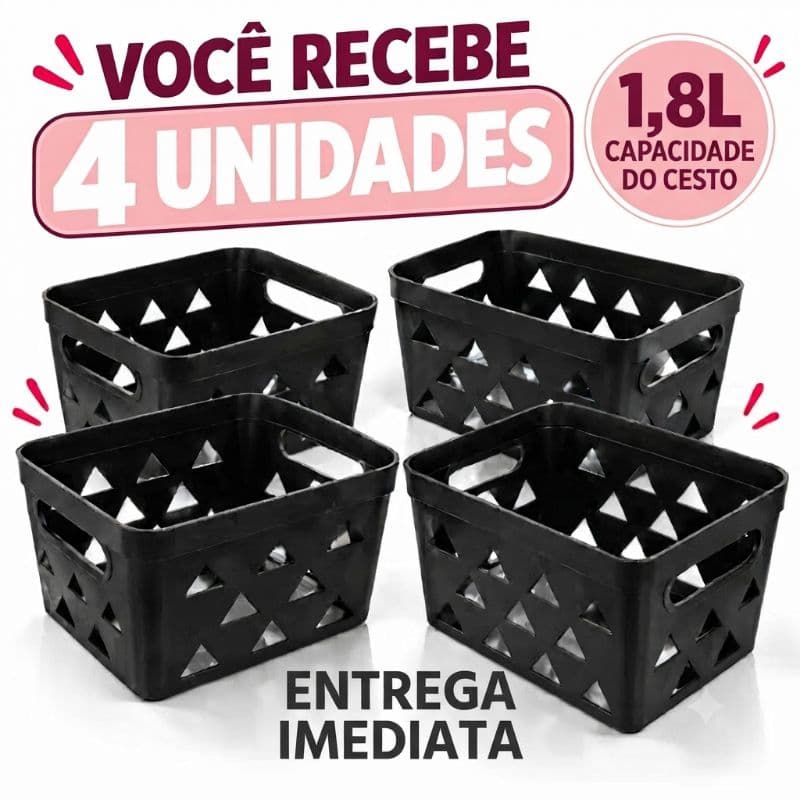 Kit 4  Organizadores Multiuso 1,8L Cesto Organizador Preto para Cozinha Banheiro  Casa Escritório