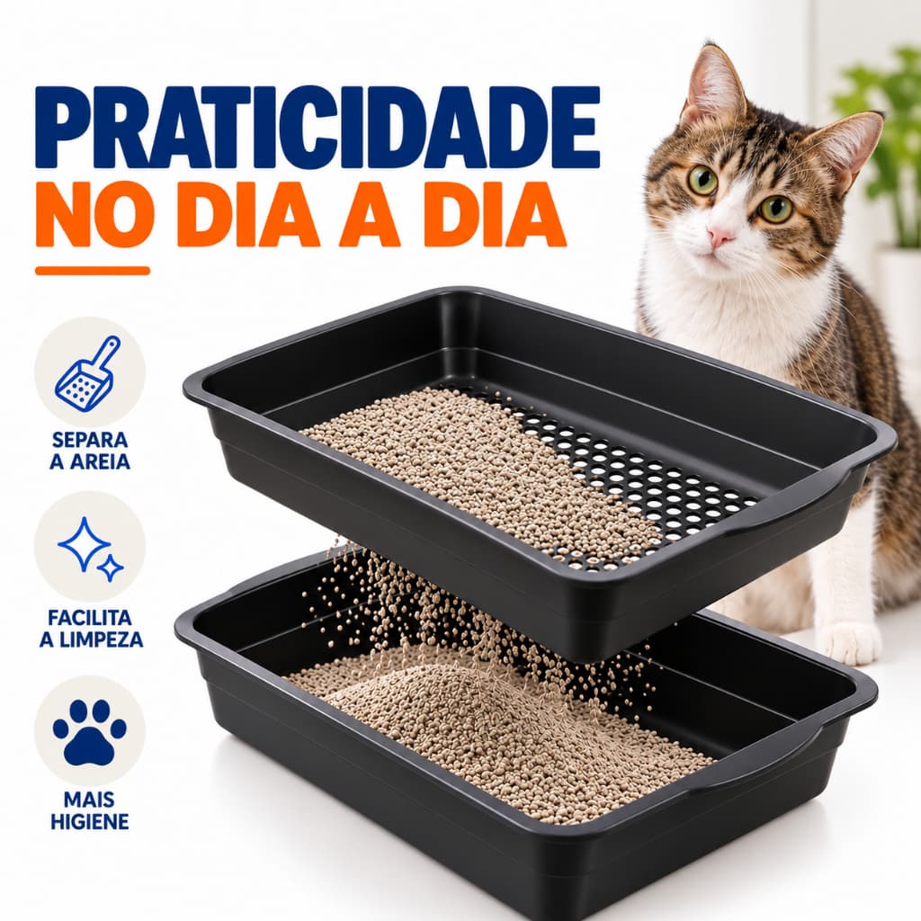 Caixa de Areia para Gatos Kit 3 Itens com Peneira Furba Bandeja Sanitária Banheiro Higiênico Sílica Granulado