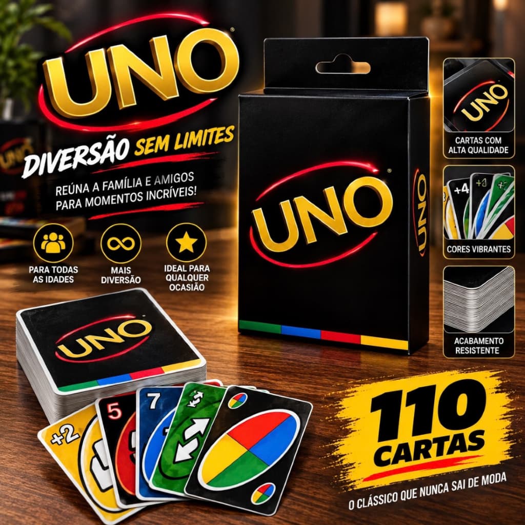 UNO Preto Minimalista 110 Cartas – Jogo de Cartas Completo para Família e Amigos