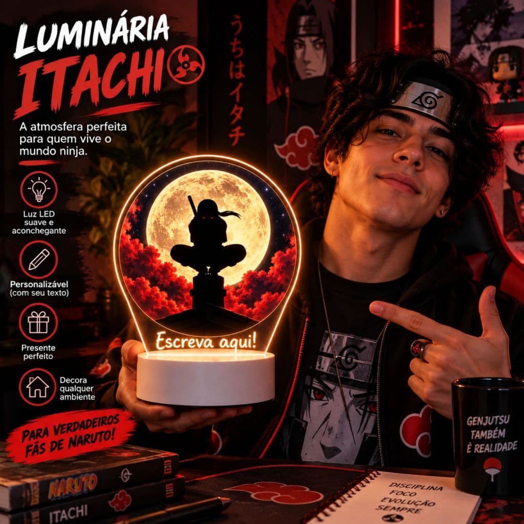 Luminária LED Itachi Uchiha Naruto Ninja Lua Abajur 3D de Mesa UV Personalizada com Nome Decoração Presente Fã# Luminári