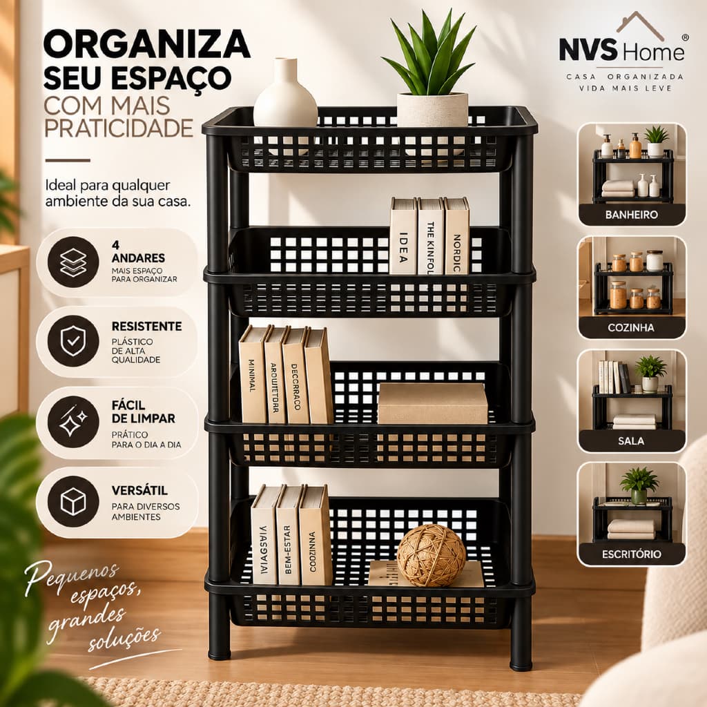 Prateleira Estante Modular Organizadora 4 Andares Multiuso para Cozinha Banheiro Quarto Escritório