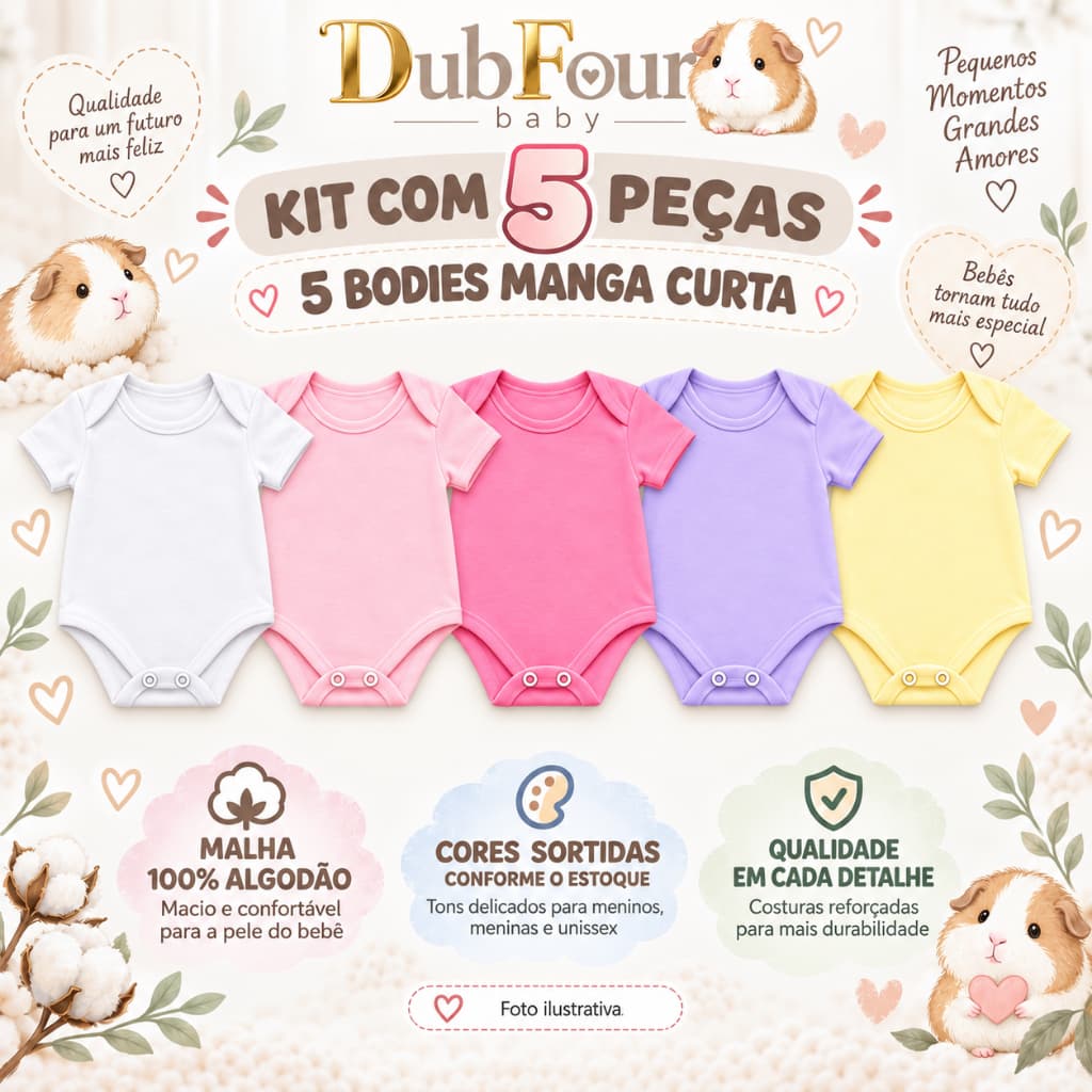 Kit 5 Bodies Bebê Infantil | Manga Curta Liso  100% Algodão  Body Menina Menino Unissex enxoval