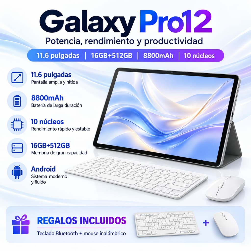 Tablet Galaxy Pro12 | 16GB RAM 512GB | 11.6" HD Screen | 8800mAh | Android 15 | 5G | WIFI Free Keyboard and Mouse