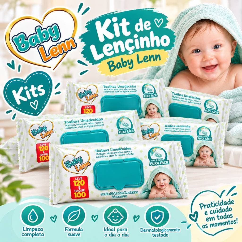 Kit Toalhas Umedecidas Baby Lenn até 1440 unidades Higiene Infantil Puxa Fácil e Limpeza