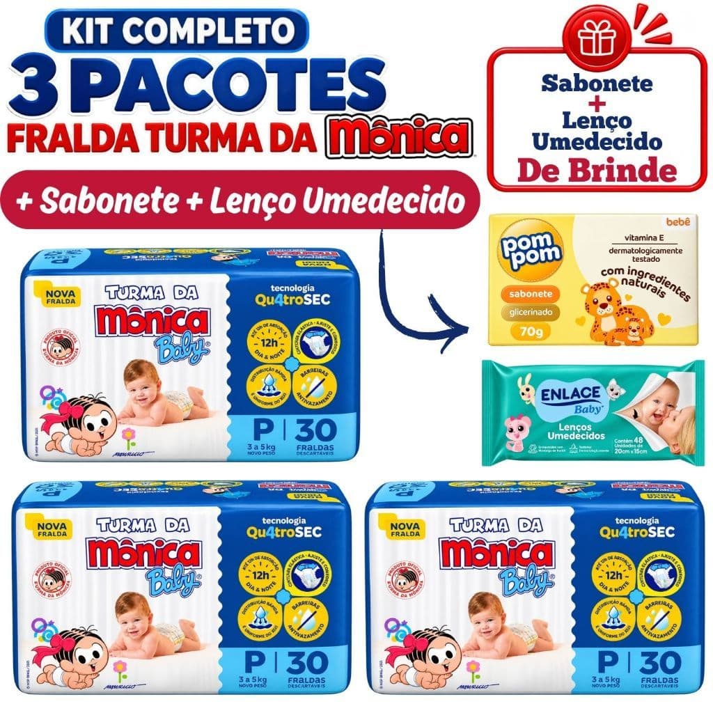 Fralda Descartável Turma da Mônica Baby | Kit 3 Fraldas + Sabonete + Lenço Umedecido