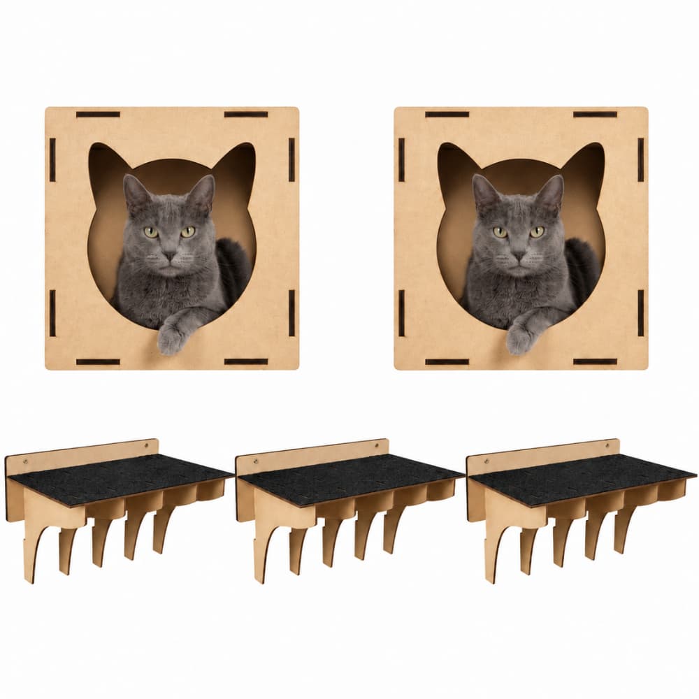Nicho Suspenso para Gatos Kit 2 Casinhas 3 Prateleiras MDF Natural