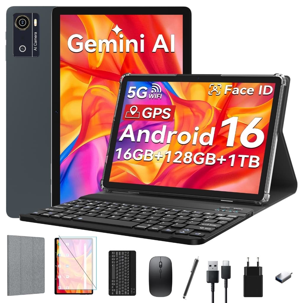10.1“ Tablet Android 16 com 16 GB de RAM e 128 GB de ROM, com  teclado e função de reconhecimento facial