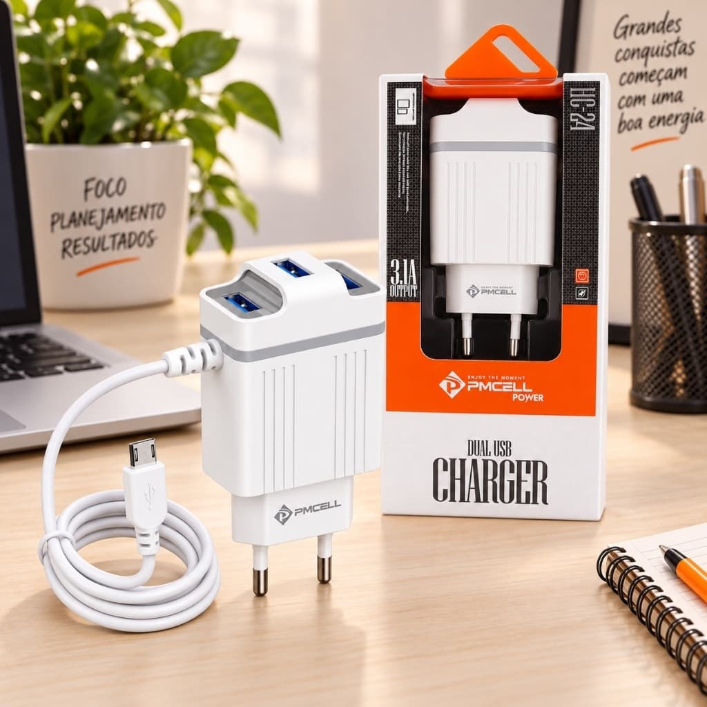 Carregador com Cabo Turbo V8 3 USB PMCELL HC-24 Carga Rápida Celular e Tablet Android