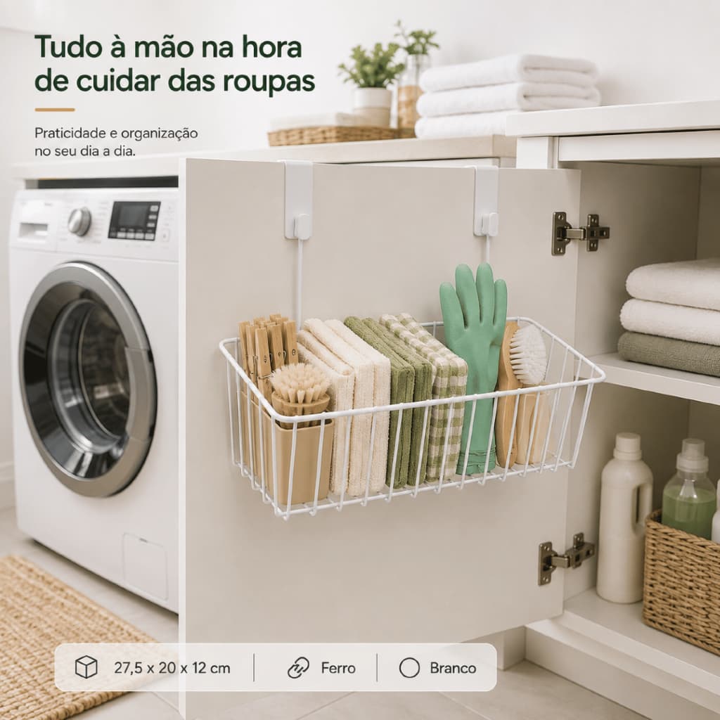Cesto Organizador Suspenso Porta Armário Ferro Branco Cozinha Banheiro 27,5cm