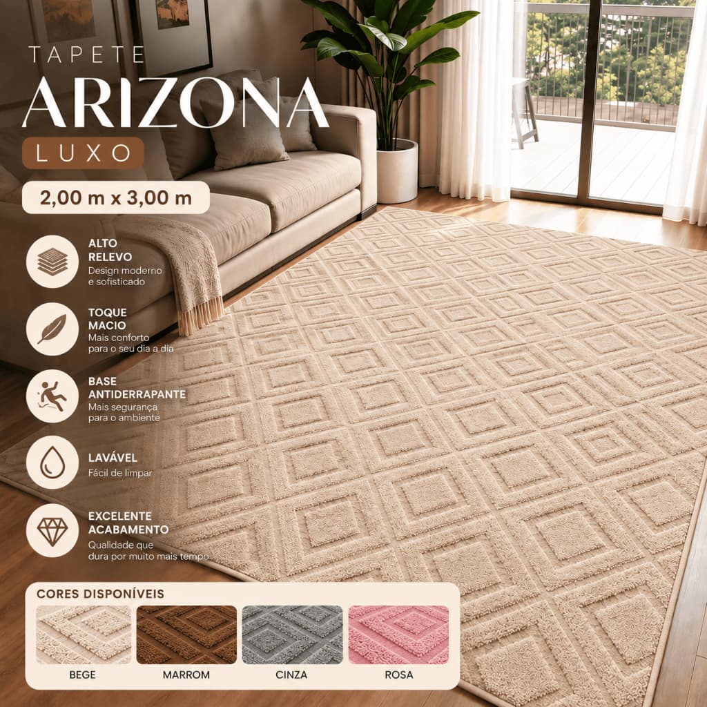 Tapete Arizona Luxo 2x3m Alto Relevo Geométrico Premium Antiderrapante Lavável Sala Escritório Quarto