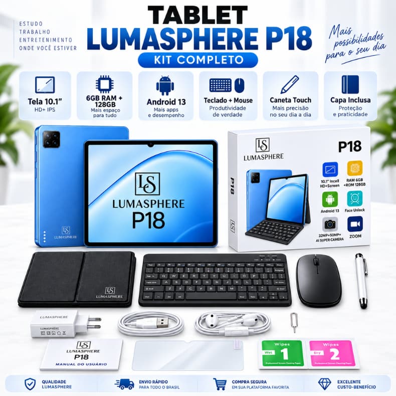 Tablet Lumasphere P18 10.1” Android 13 128GB + 6GB RAM com Teclado, Mouse, Caneta e Acessórios