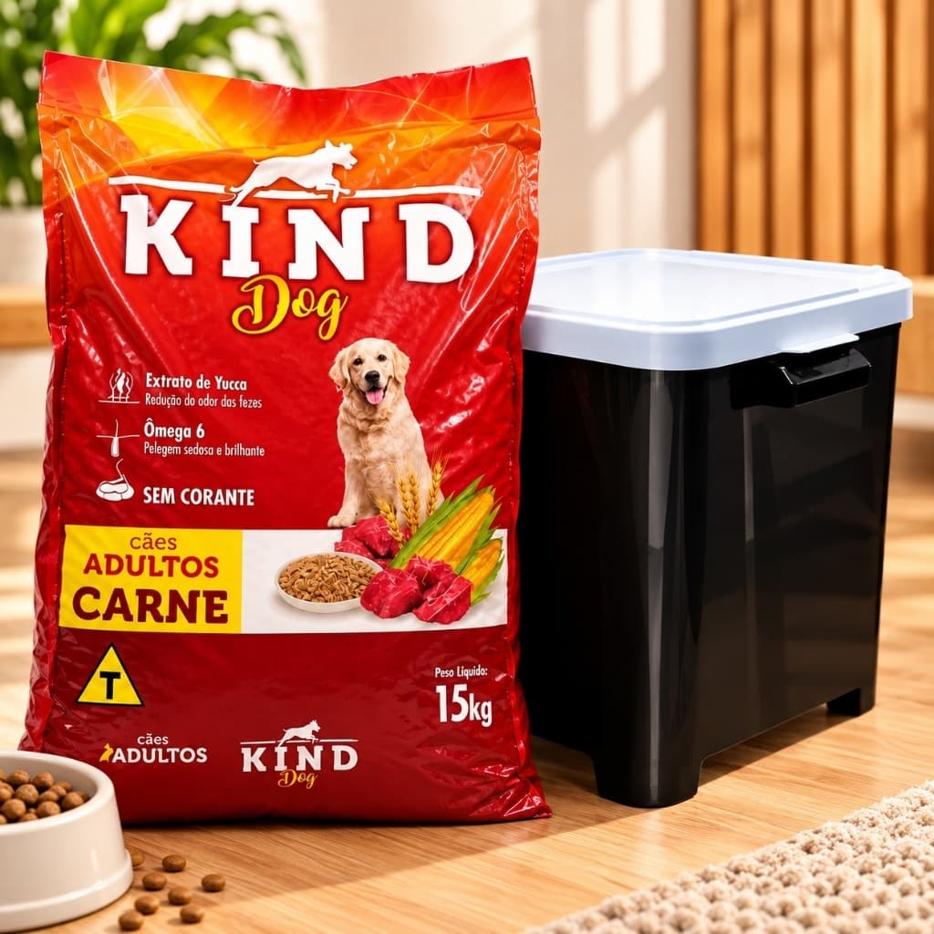 Ração Cachorro Kind Dog Carne 15kg + Porta Ração Canister Caixa Organizadora 15KG