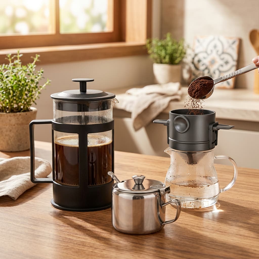 Kit Cafeteira Francesa 600ml + Mini Filtro Coador  + Açucareiro de Aço Inox C/ Colher 220ml Café Expresso Leite