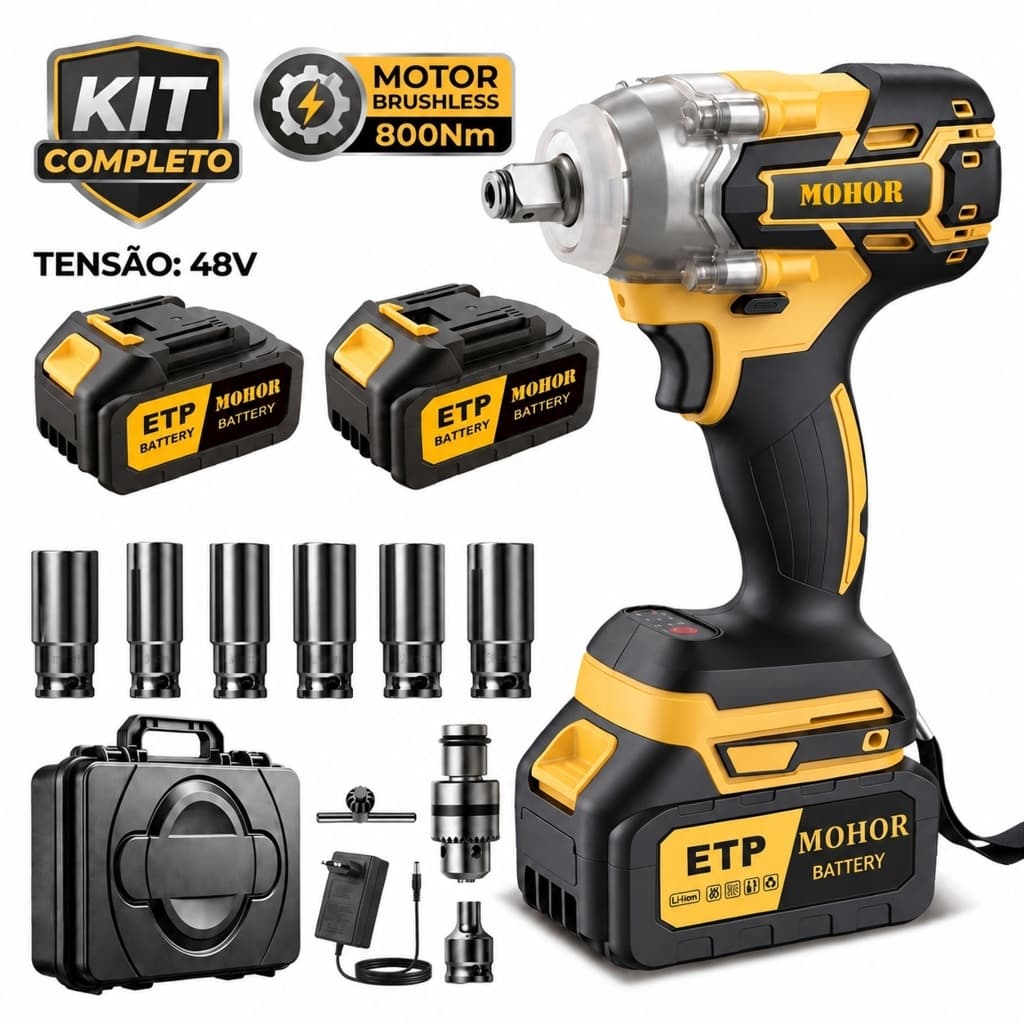 Chave de Impacto Elétrica 48V 800Nm Bateria Dupla Motor Brushless com Caixa Plástica e Soquetes