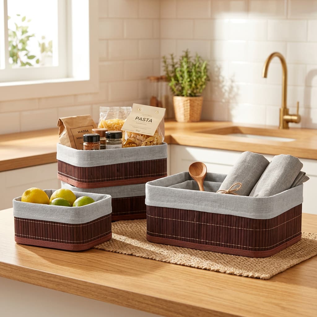 Cestos Organizadores Bambu Kit 3 Peças Organizador Multiuso Banheiro Cozinha Vinho Lehavi