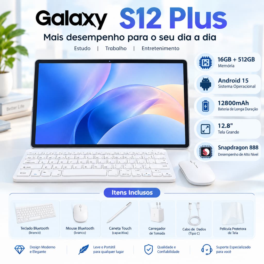 Tablet Galaxy S12 Plus | 16GB RAM 512GB | 12.8" HD Screen | 12800mAh | Android 15 | 5G | WIFI Teclado e mouse inclusos