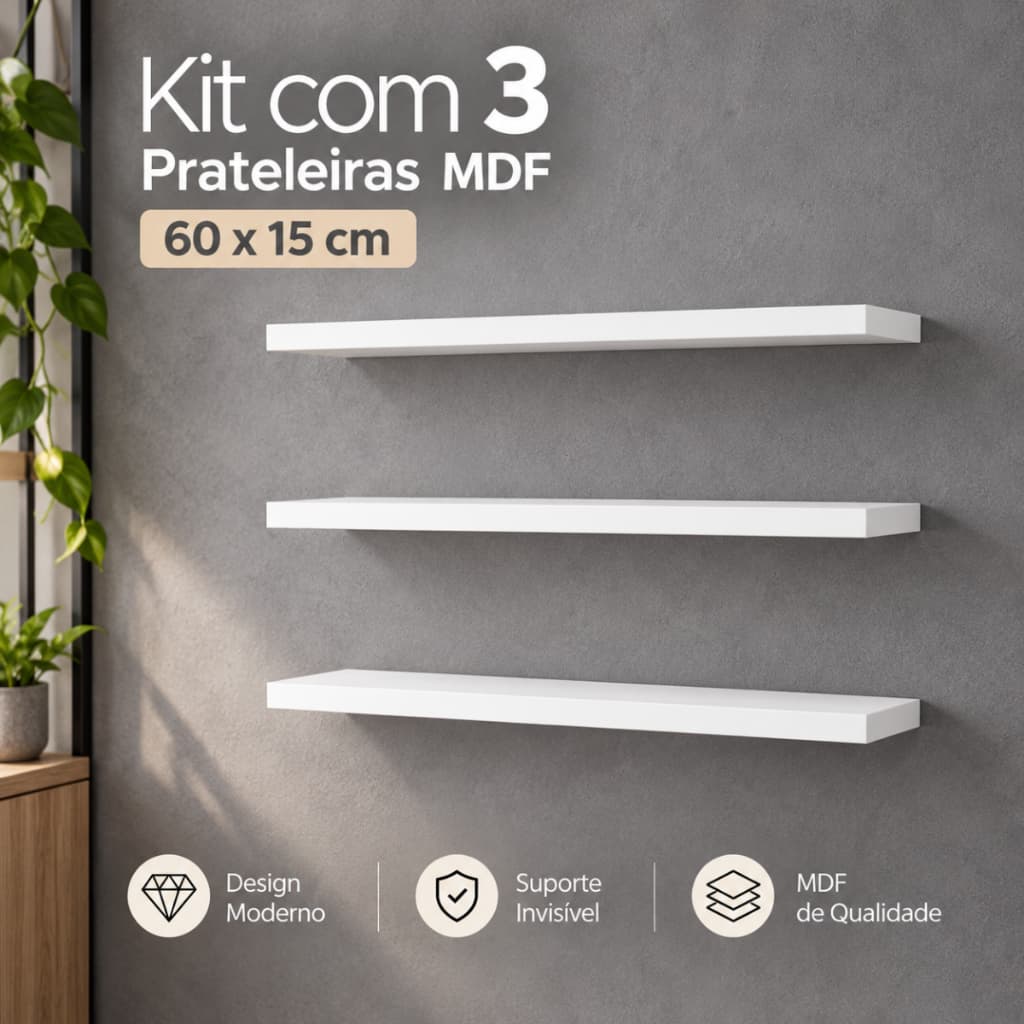 Kit 3 Prateleiras MDF Flutuante 60cm Suporte Invisivel Parede Suspensa Branca Preta Madeira Premium