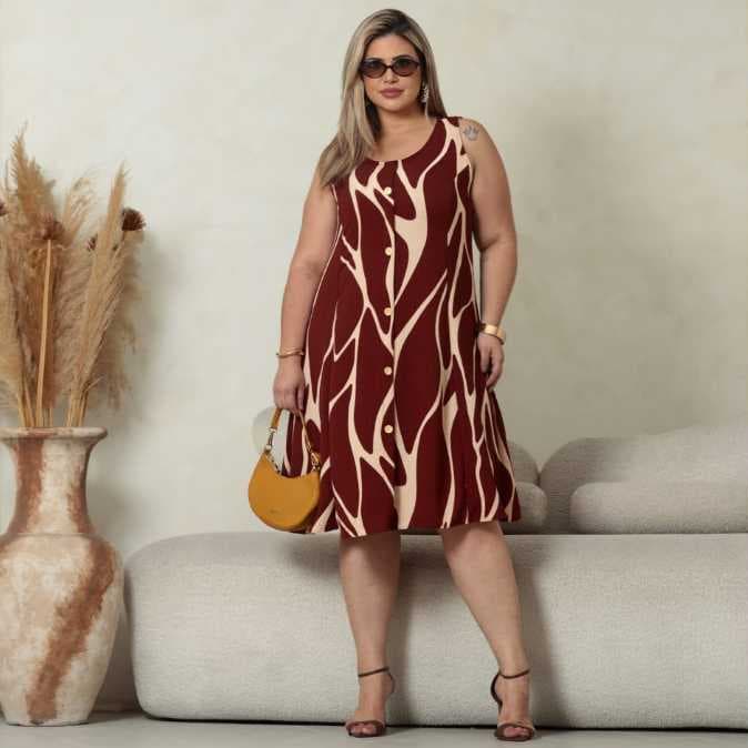 Vestido Plus Size Estampado de Regata curto até o joelho com Botões Casual Fofo