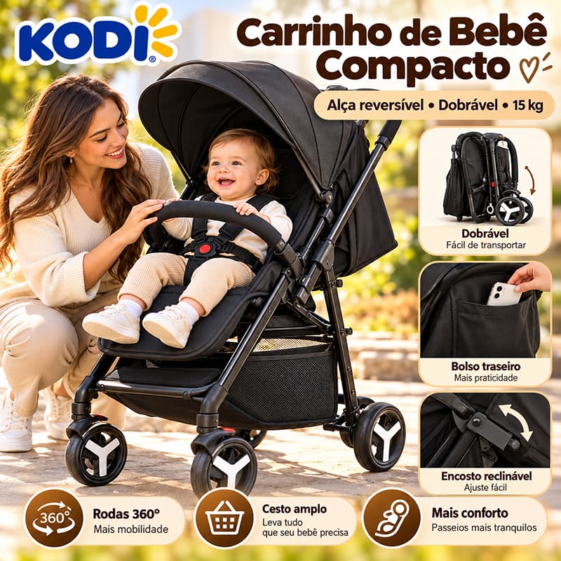 Carrinho de Bebê Dobrável com Alça Reversível, Encosto Reclinável, Rodas 360° e Suporta até 15 kg - KODI Preto