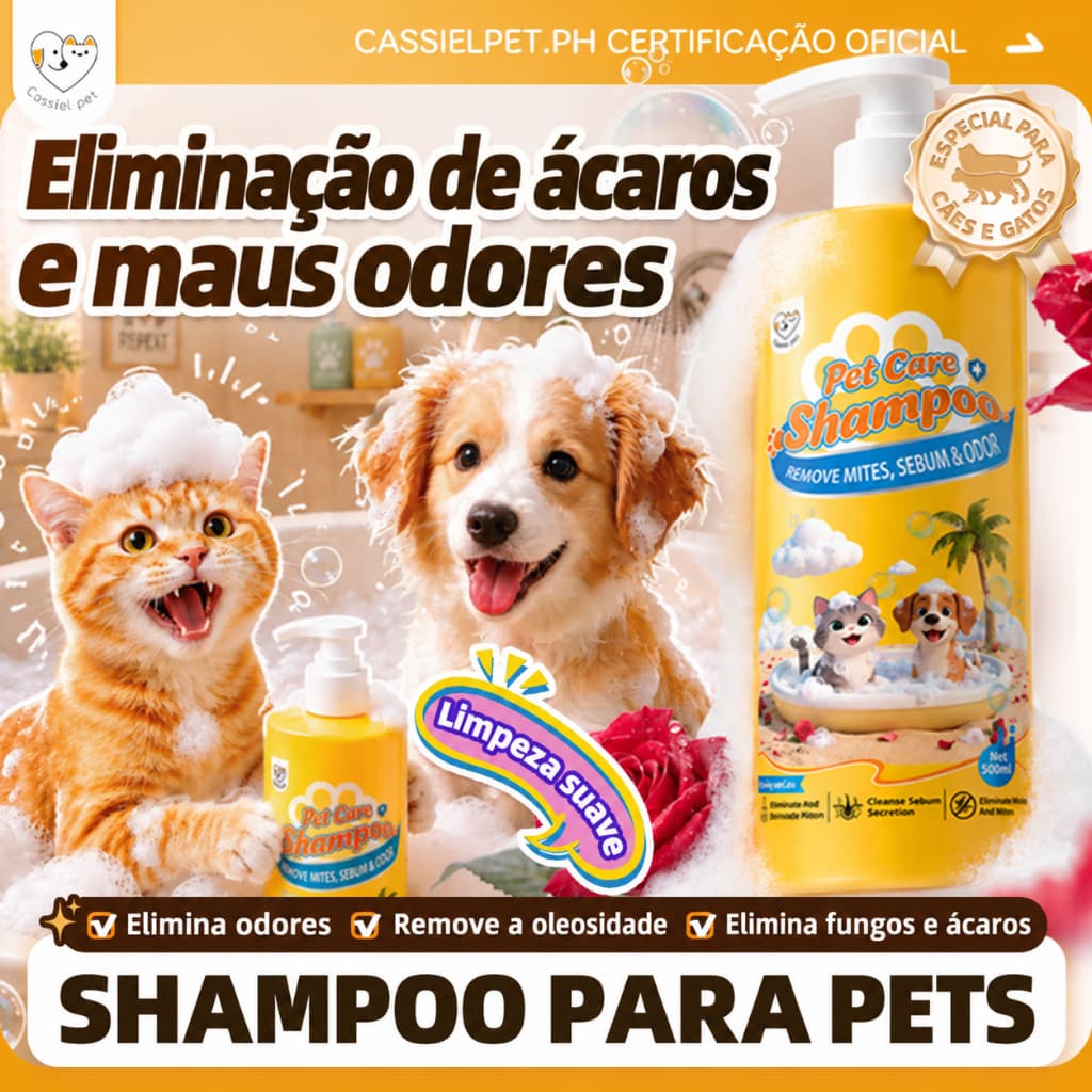 Shampoo para Pets Cassiel-Pet 500ml – Shampoo Antiacaro e Desodorizante para Cães e Gatos | Remove Odores