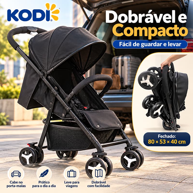 Carrinho de Bebê Passeio Vira Berço Compact com alça reversível Preto 0-15kg