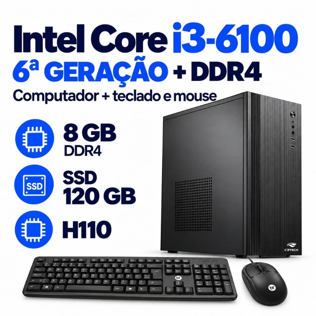Computador Intel Core i3-6100 6ª Geração 8GB DDR4 SSD 120GB H110 c/ Teclado e Mouse Desktop Windows 11 Trial Home Office
