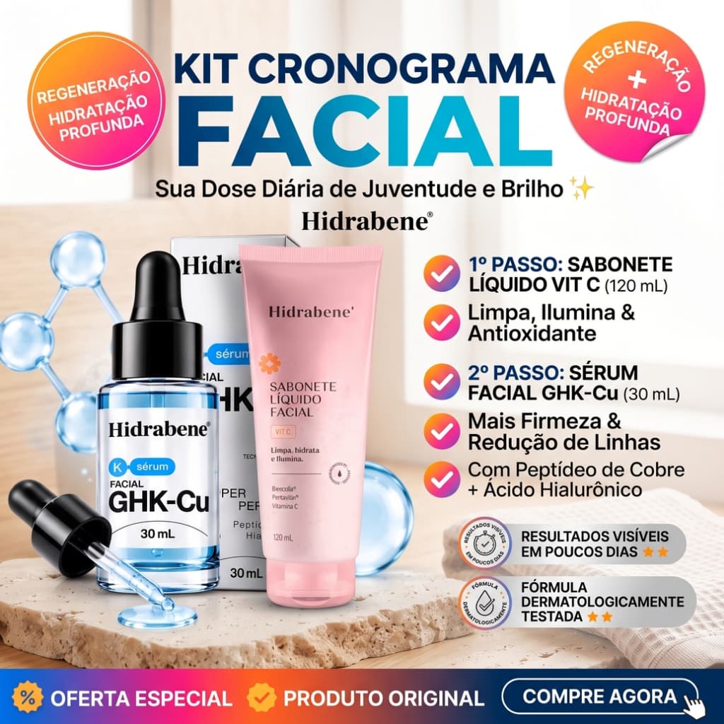 Kit Skincare Hidrabene Sérum Peptídeo de Cobre GHK-Cu + Sabonete Líquido Facial Vitamina C Anti-Idade Rejuvenescedor