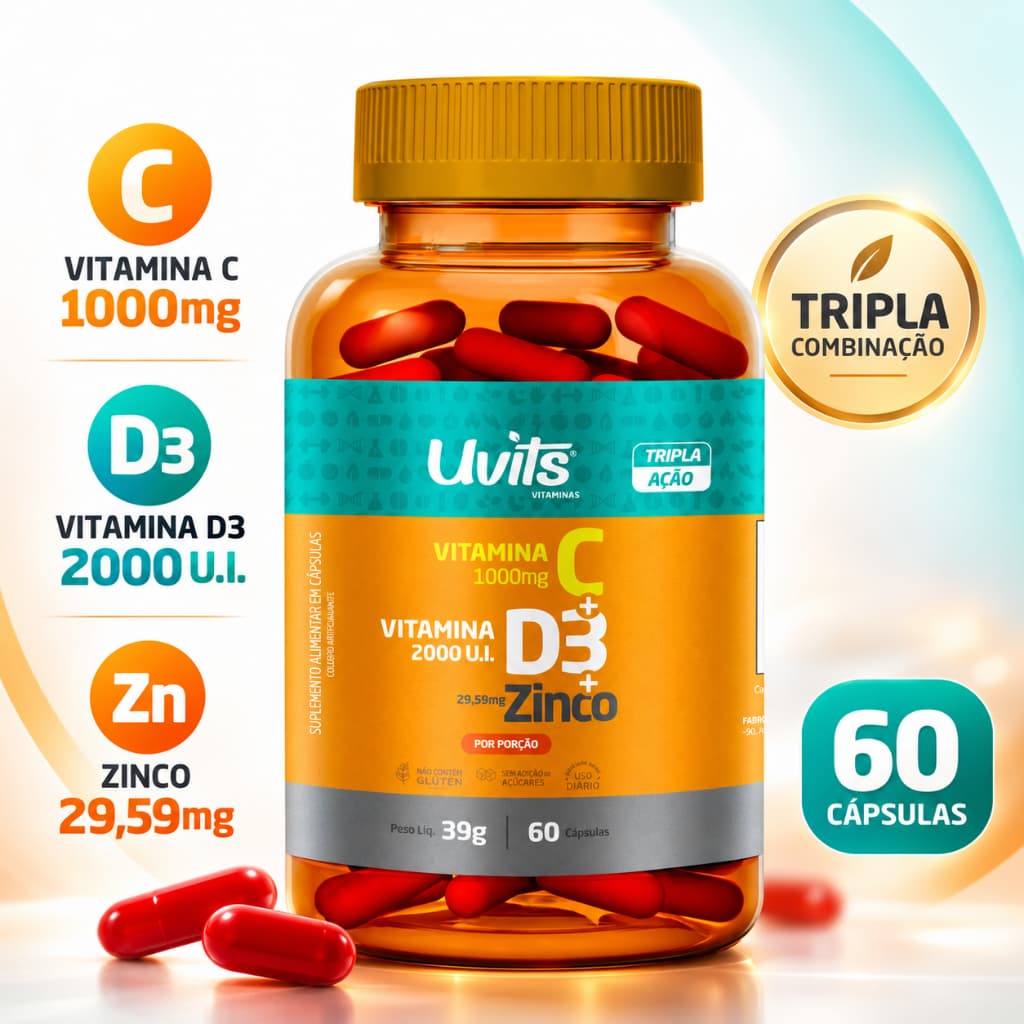 Vitamina C 1000mg + Vitamina D3 2000UI + Zinco 29,59mg Uvits 60 Cápsulas Imunidade Antioxidante Suplemento Alimentar