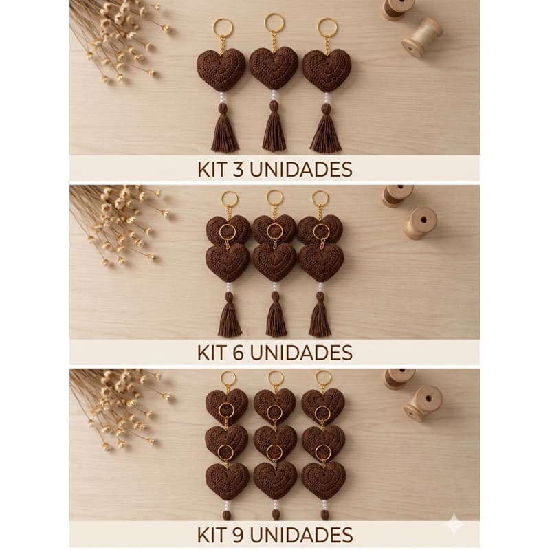 Chaveiro Coração de Crochê Amigurumi Kit 3, 6 ou 9 Unidades - Lembrancinha Premium