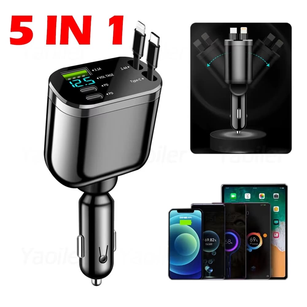 Adaptador de carregador veicular 5 em 1, compatível com carregamento rápido Type-C para Lightning, cabo retrátil