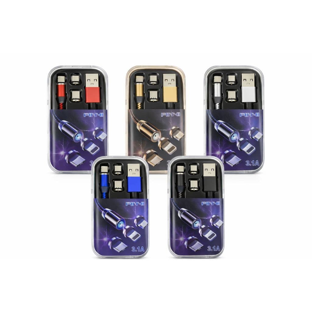 Cabo Magnético 3 em 1 3.1A PINYI – USB Tipo C, Micro USB e iPhone – Carregamento Rápido