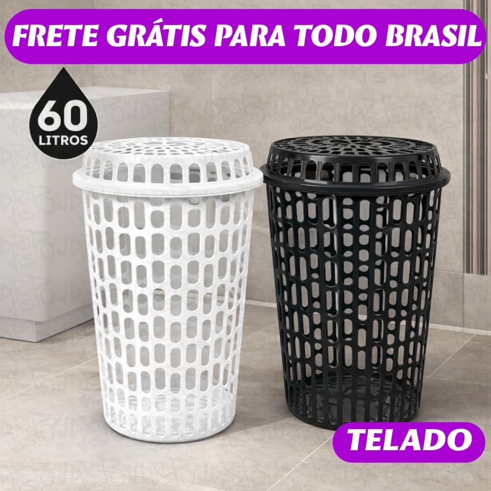 Cesto Roupa Suja 60L Telado Ventilado Com Tampa Grande Organizador Lavanderia Banheiro