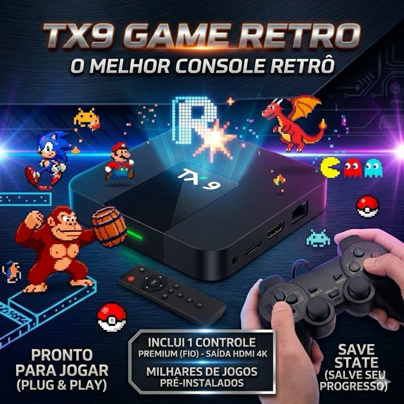 Console Video Game Retro TX9 4K + 10.000 Jogos Clássicos + Controle - Pronto para Jogar