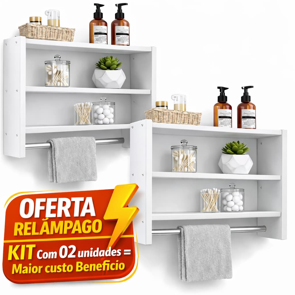 KIT 02 Nichos Para Banheiro com Suporte Toalha - Prateleira Parede Organizador Branco MDF, Multiuso