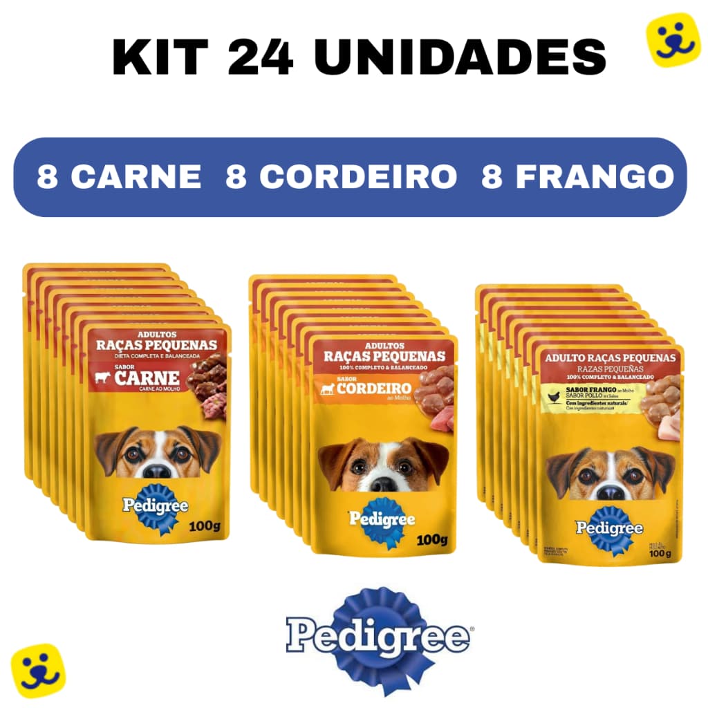 Kit 24 Sachê Pedigree 100g Cachorro Adulto Raças Pequenas Ração Úmida 8Carne + 8Frango +8Cordeiro