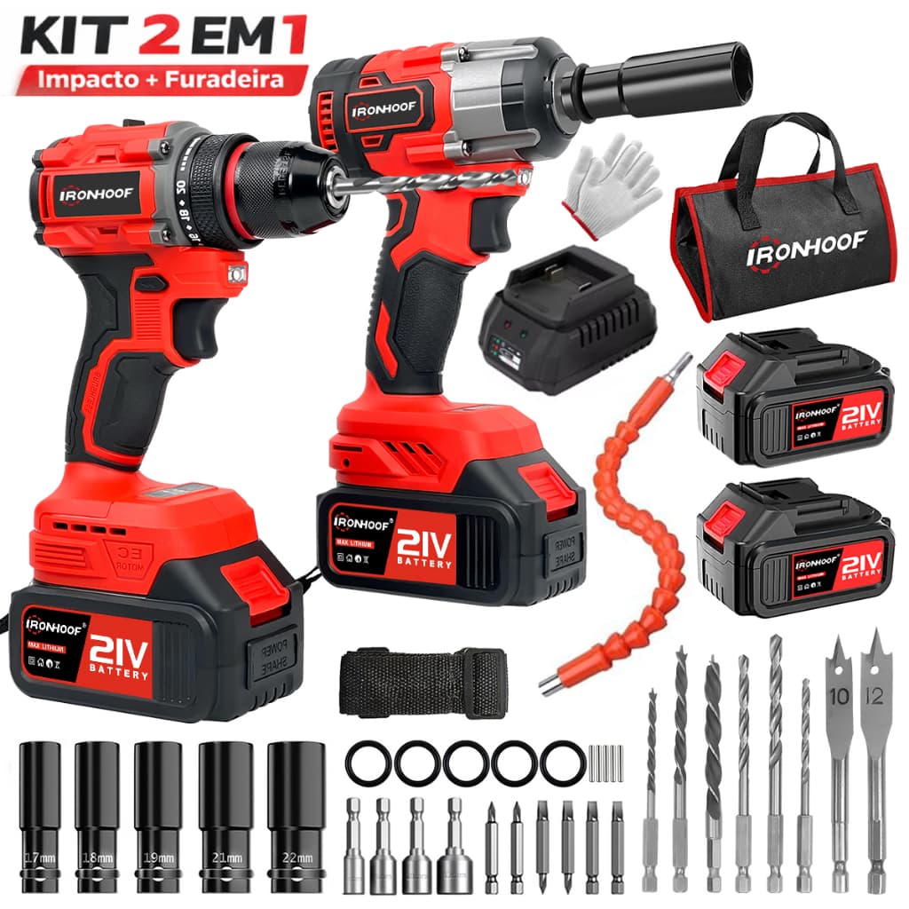 Kit 2 Furadeira Parafusadeira e Chave De Impacto a Bateria Brushless