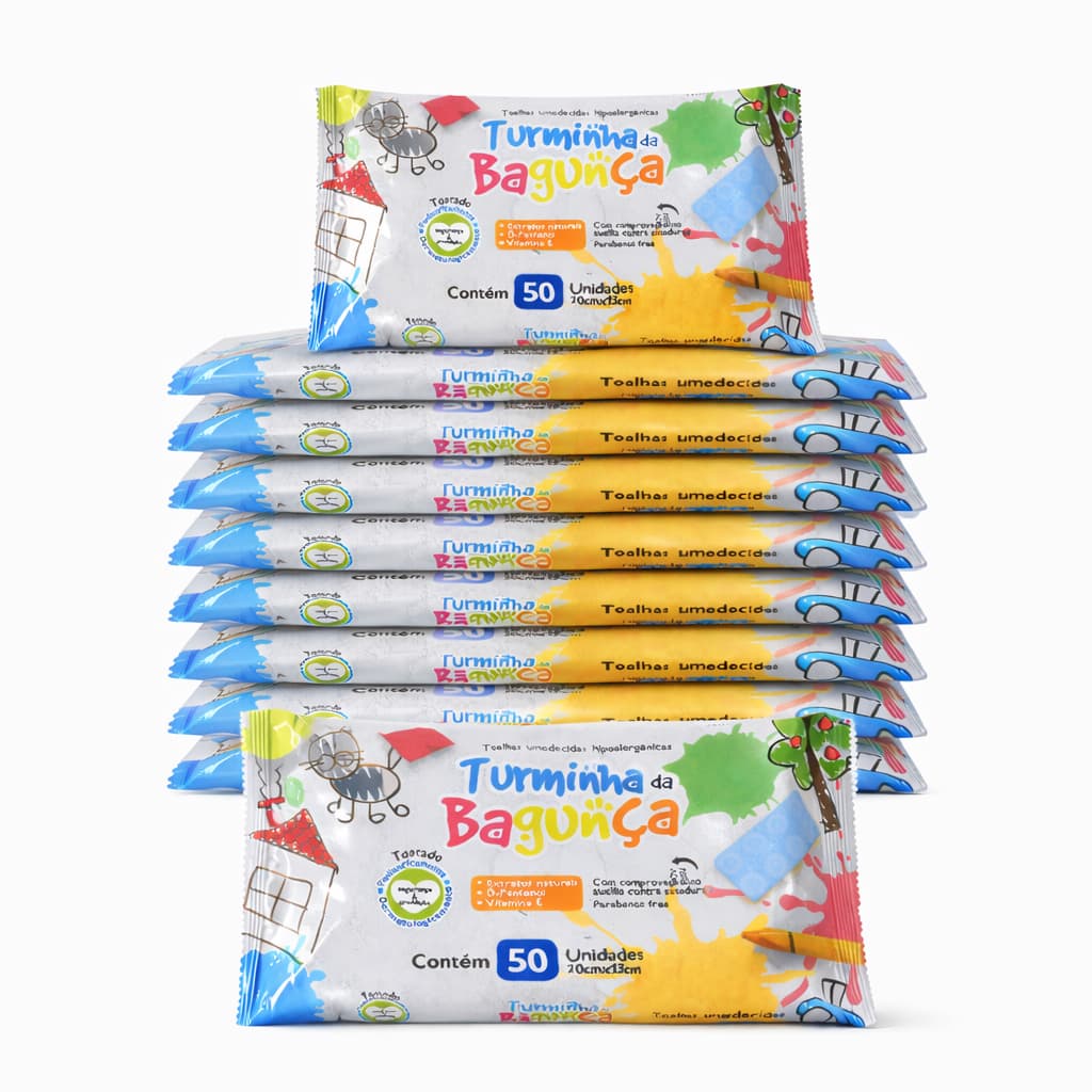 Kit 10 Pacotes Toalhas Umedecidas Turminha Da Bagunça 50 Folhas 20x13 cm 98% Água