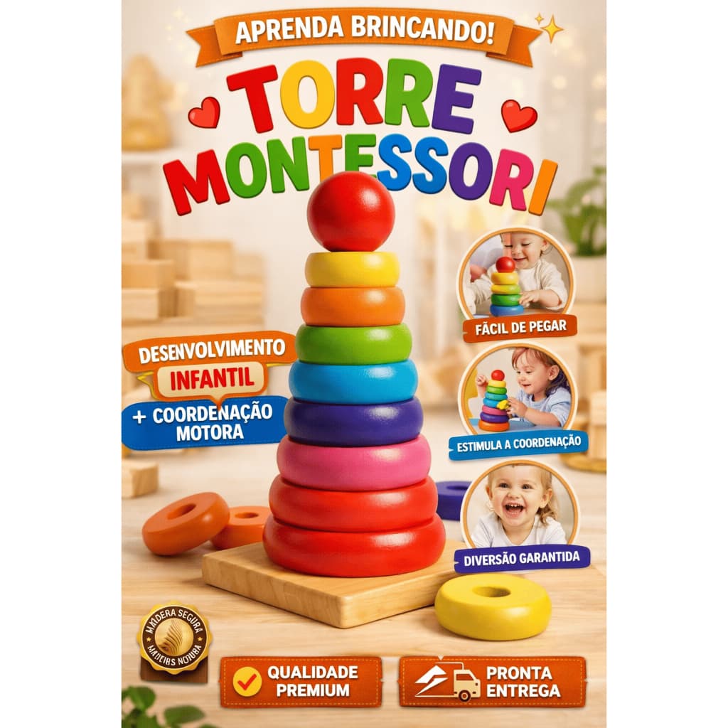 Brinquedo Educativo Montessori Torre Coordenação MDF Empilhar Brinquedos Formas Encaixe