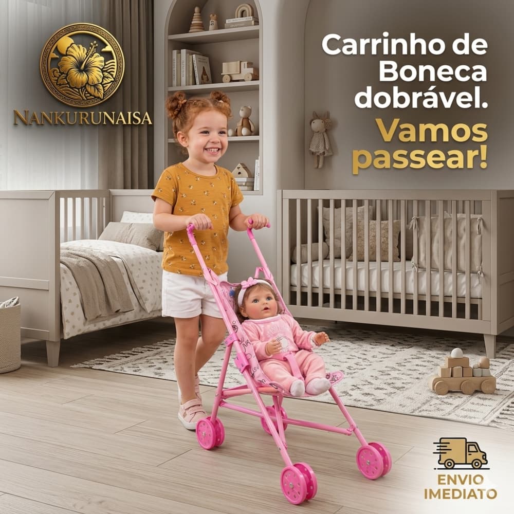 Carrinho de boneca passeio baby infantil dobrável rosa leve fácil de carregar